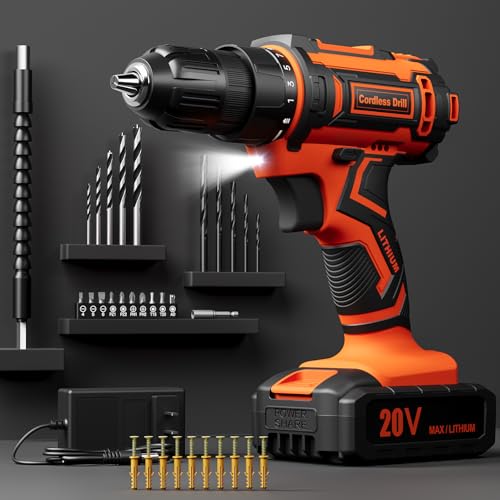 Cordless Drill Set, VIWKO 20V Power Drill with Power Pack 2.0Ah and Charger, 3/8-Inch Keyless Chuck Electric drill, 25+1 Position, 42pcs Drilldriver Bits/Screws for DIY Projects (Orange) - color: Orange