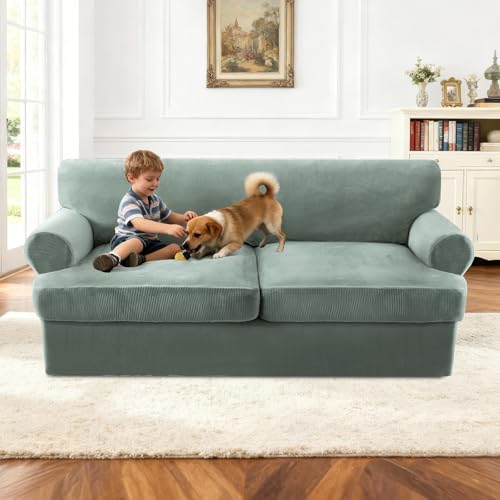 T Cushion Sofa Slipcover 3 Piece Sofa Covers for 2 Large Cushion Couch Thick Velvet Couch Cover Stretch Furniture Covers with 2 Individual T Cushion Covers, Washable (2 Cushion Sofa, Sea Grass) - color: Sea Grass, size: Sofa (2 Cushion)