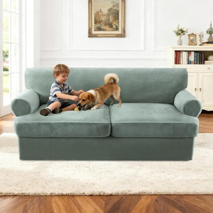 T Cushion Sofa Slipcover 3 Piece Sofa Covers for 2 Large Cushion Couch Thick Velvet Couch Cover Stretch Furniture Covers with 2 Individual T Cushion Covers, Washable (2 Cushion Sofa, Sea Grass) - color: Sea Grass, size: Sofa (2 Cushion)