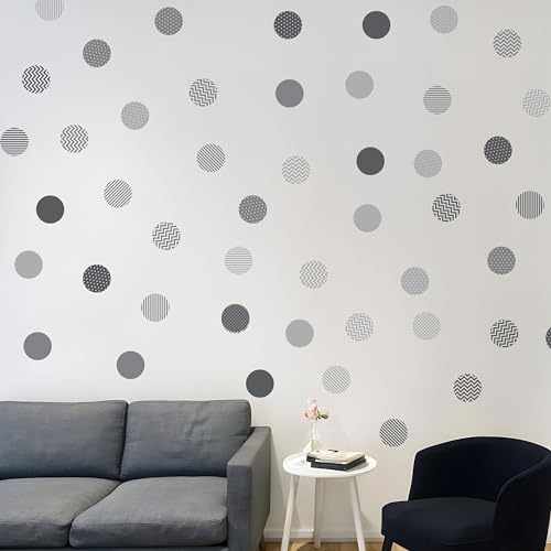 Boho Polka Dot Wall Sticker, 48 Removable and Repositionable Pattern Decals - Premium Fabric Material, Polka Dots, Stripes, Chevrons and Solid in 3 Shades of a Color (Grey) - color: Grey