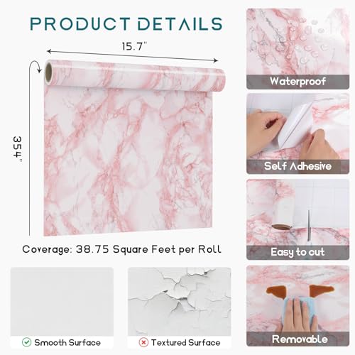 VEELIKE Pink Marble Contact Paper Wallpaper Stick and Peel 15.74 x 354.33inches Self Adhesive Removable Waterproof Wall Covering for Table Countertop Cabinet Drawer - size: 15.7" x 354"