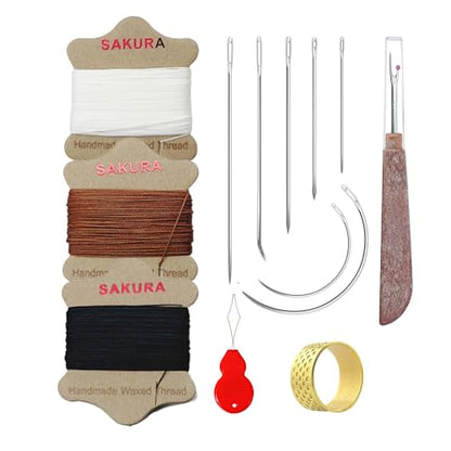 SAKURA Upholstery Repair Kit, 0.55mm ，Round Waxed Sewing Thread (3 Colors) & Heavy Duty Needles (7 PCS) for Leather, Canvas & Quilting Thread (Black,White,Brown) - color: Black,White,Brown