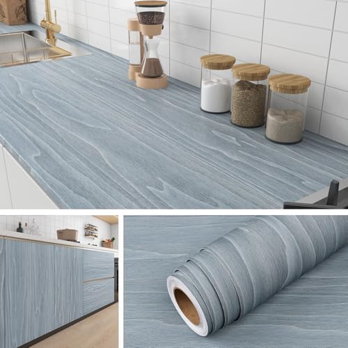 Livelynine Light Blue Wood Wallpaper Peel and Stick Wood Grain Contact Paper for Countertops Cabinets Desk Cover Kitchen Countertop Vinyl Wrap Waterproof Adhesive Cabinet Wall Paper Liner 15.8x78.8 - color: Light Blue Wood, size: 15.8" x 78.8"
