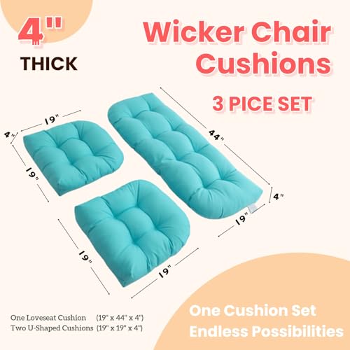 Wicker Chair Cushions 3 Piece Set, Waterproof Outdoor Cushion for Patio Furniture, Loveseat and U-Shaped Wicker Furniture Cushions, Teal - color: Teal