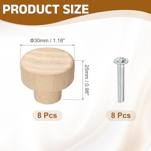 uxcell 8Pcs Round Wood Drawer Knob, 1.18" Diameter Flat Head Dresser Knobs Solid Wooden Knobs with Screws for Furniture Drawer Wardrobe Cupboard - size: 1.18"