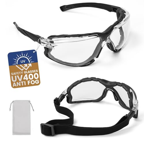Flaya Foam Lined Safety Glasses Anti-Fog Z87.1 Mowing Goggles with Strap - color: Clear