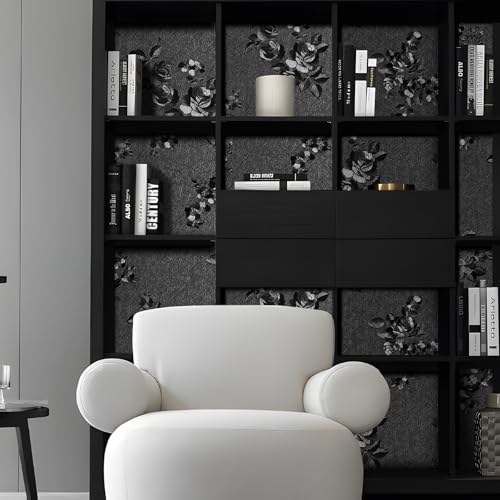 Black Floral Peel and Stick Wallpaper Modern Textured 17.3 x 196.9in - color: Black, size: 17.3" x 196.9"
