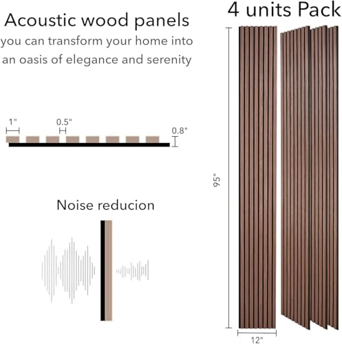 ZETY HOME Acoustic Wood Wall Panels, Slat 4-Pack, 94.5 in, Walnut - color: Walnut