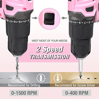 WORKPRO 20V Cordless Drill Driver Set, Pink, 3/8" Keyless Chuck