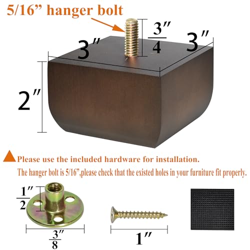 Sofa Legs Square Bed Feet 2 inch Wood Replacement Leg for Furniture Set of 4, Dark Brown - size: 2 inch (4pcs) Standard (With hanger bolt)