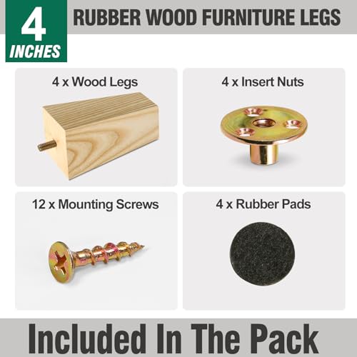 FoDau770 Square Furniture Legs 4 Inch, Ash Wood Legs with 5/16"-18 Bolts - size: 4 Inch