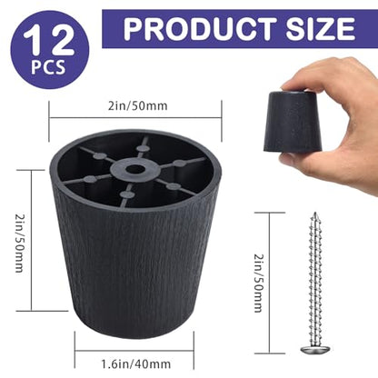 12 Pack 2 inch Black Plastic Furniture Legs, Round Tapered Couch Legs Screw-in Sofa Legs Replacement Legs with M5 Screws for Furniture Couch Table Sofa Cabinet Dresser
