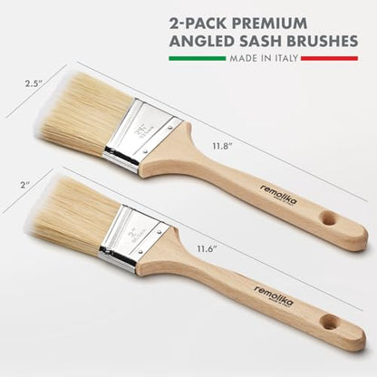 2 - Pack Premium Paint Brushes - 2 and 2.5 Inches Angle Sash Paint Brushes - Made in Italy - Premium Quality Synthetic Bristle Paint Brush Set - Ideal for Professionals and Homeowners - size: 2 Pack ( 2" Angle, 2.5"Angle)
