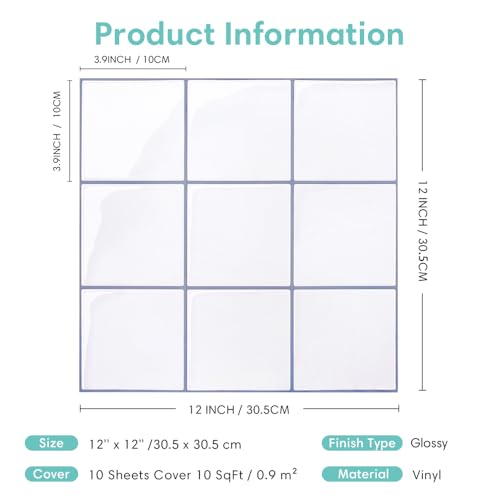 Commomy Thicker Black Peel and Stick Tiles 10 pcs of 12" x 12" - color: White With Grey Grout