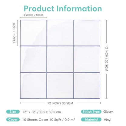 Commomy Thicker Black Peel and Stick Tiles 10 pcs of 12" x 12" - color: White With Grey Grout