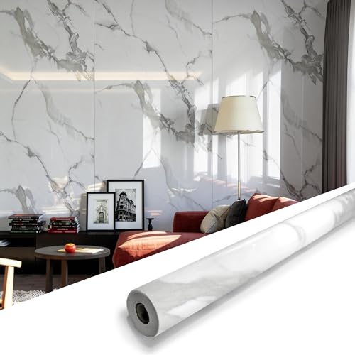 Marble Peel and Stick Waterproof Wall Paneling, 118" x 47" Carrara White Glossy Finish Self-Adhesive Backsplash Tile Vinyl Wall Panel for Kitchen Bathroom Wall Decor, Covers 38.75 Sq. Ft. - color: Glossy Carrara White