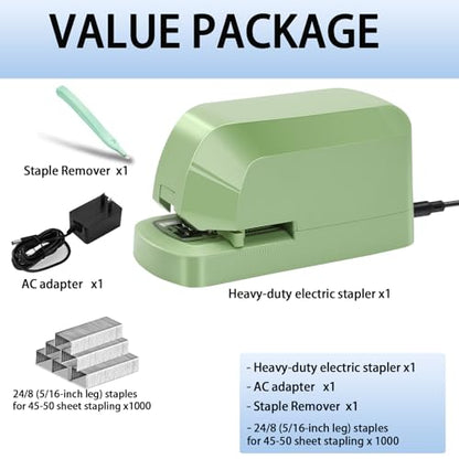 Electric Stapler for Desk, 45 Sheet Capacity Automatic Stapler Desktop, Office Staplers Electric, AC Operated Staplers Heavy Duty Office Use with 1,000 Staples & Staple Remover, Saga Green - color: Saga Green