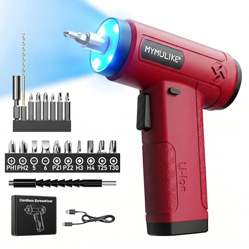 MYMULIKE Red Cordless Electric Screwdriver, 4V Rechargeable Mini Power Drill Set, 23-Piece Bit Set for Home Use, Furniture Assembly & Daily DIY Projects - color: Red
