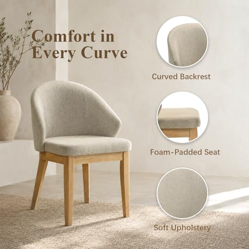 Dining Chairs Set of 2, Modern Fabric Upholstered Kitchen Side Chairs with Curved Backrest, Foam-Padded Seat Cushion, Tapered Wood Legs, Oak Finish - color: Oak, size: Set of 2