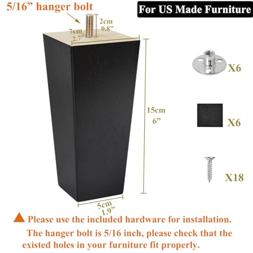 6 inch Furniture Legs Black Couch Legs Set of 6 Ottoman Replacement Sofa Legs for Sectional, Dresser, Recliner, Nightstand - size: 6 inch