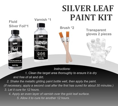 Liquid Silver Leaf Paint Kit for Decorating Wood, Glass, Plastic, Metal 7oz