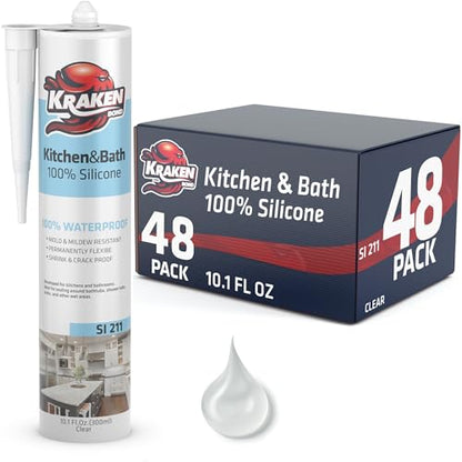 Kraken Bond Premium RTV Silicone Sealant Clear, 48x10.1 fl.oz. 100% Waterproof Silicone Caulk for Kitchen, Bathroom, Shower, Sink, Tub, Window & Door - size: 48 Pack