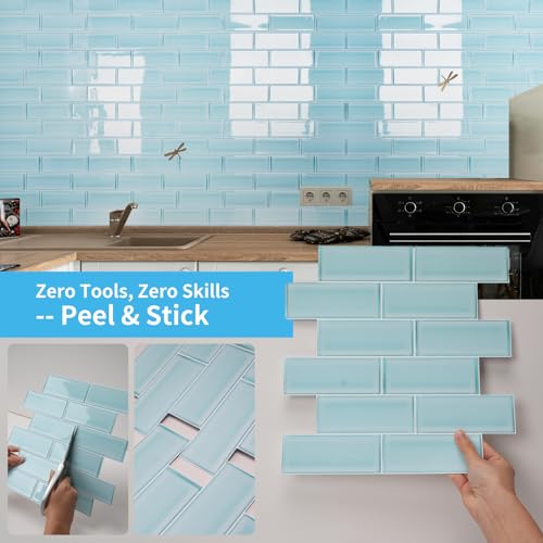 Art3d Seaglass Subway Design Peel and Stick Backsplash, 10-Pack, Aqua Blue - color: Aqua Blue