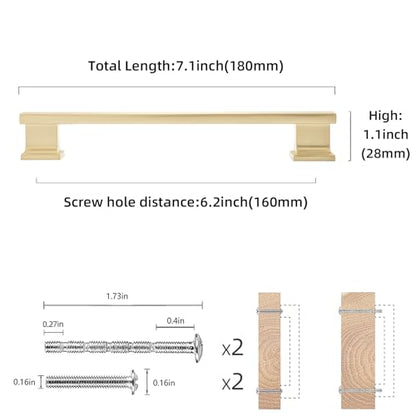 COTYKILEY 10 Pack 6-1/4Inch(160mm) Brushed Brass Cabinet Handles Gold Kitchen Cabinet Pulls Cabinet Door Handles Kitchen Cabinet Hardware Cupboard Drawer Pulls Dresser Handles - color: Brushed Brass, size: 6-1/4" Hole Center（160MM）