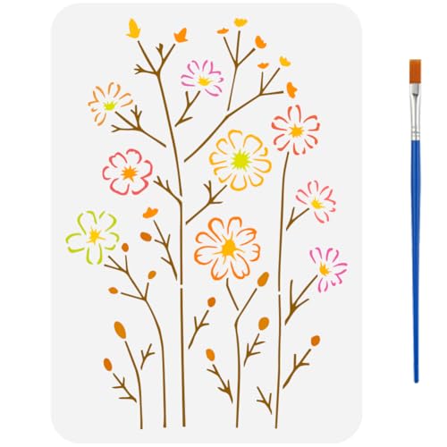 FINGERINSPIRE Line Wildflower Stencil with Brush 8.3x11.7inch Reusable Flowers Leaves Template Plastic PET Line Style Stencil Hollowed Plant Theme Template for Painting on Wood Clothes Canvas Fabric - style: Line Wildflower