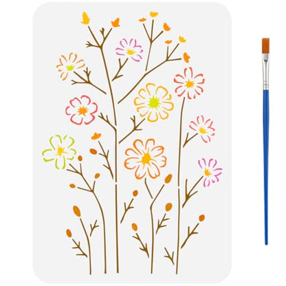 FINGERINSPIRE Line Wildflower Stencil with Brush 8.3x11.7inch Reusable Flowers Leaves Template Plastic PET Line Style Stencil Hollowed Plant Theme Template for Painting on Wood Clothes Canvas Fabric - style: Line Wildflower