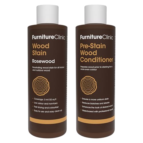 Furniture Clinic 8.5oz Rosewood Wood Stain + 250ml Pre-Stain Wood Conditioner | Water Based | Fast Drying, Low Odor, & Non-Toxic | for Indoor & Outdoor Furniture and More