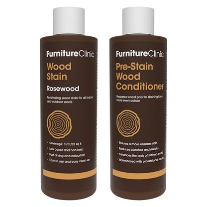 Furniture Clinic 8.5oz Rosewood Wood Stain + 250ml Pre-Stain Wood Conditioner | Water Based | Fast Drying, Low Odor, & Non-Toxic | for Indoor & Outdoor Furniture and More