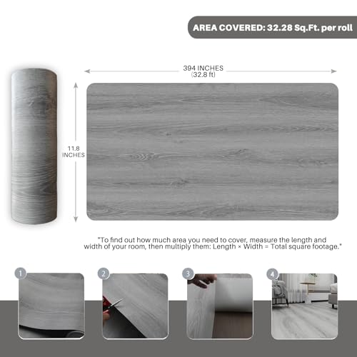 Wood Grain Peel and Stick Floor Tiles, 11.8" W × 394" L, Soft Gray - color: Ashline Rustic, size: 394"*11.8"