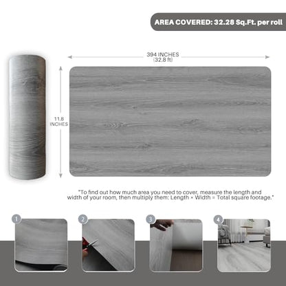 Wood Grain Peel and Stick Floor Tiles, 11.8" W × 394" L, Soft Gray - color: Ashline Rustic, size: 394"*11.8"