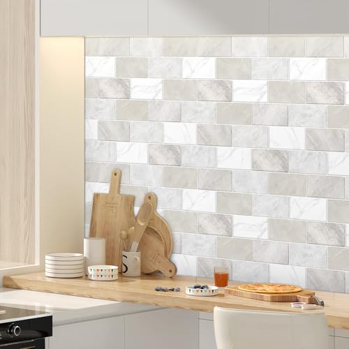 10 Sheets Peel and Stick Backsplash for Kitchen 12"X12" Renter Friendly Backsplash Back Splash Adhesive Subway Wall for Bathroom Tile Sticker Off-White Marble （Not 3D Tile