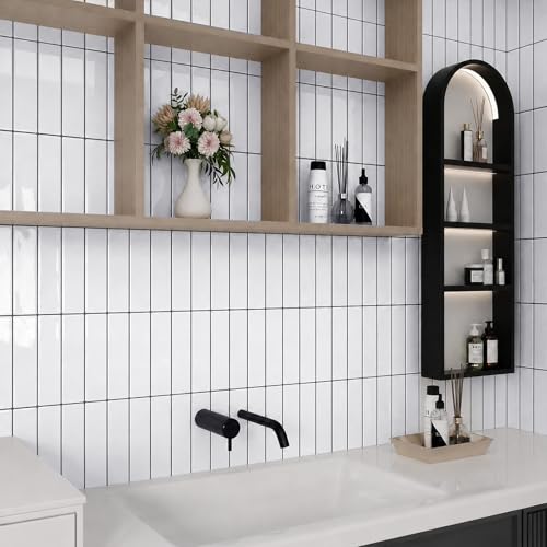 Peel and Stick Backsplash Tile for Kitchen, 10 Sheets, 11.42''x9'' - color: White With Black Grout