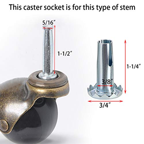 Skelang 12 Pcs Caster Sockets, Metal Stem Wheel Sleeve Insert for Grip Ring Caster, Chair Legs, Wooden Furniture Replacement