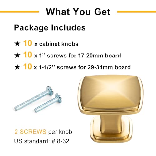 Brushed Gold Cabinet Knobs Square Cabinet Pulls 10 Pack 1990 - color: Brushed Gold, size: 1-1/4 Inches, style: 10 Pack Square Knob