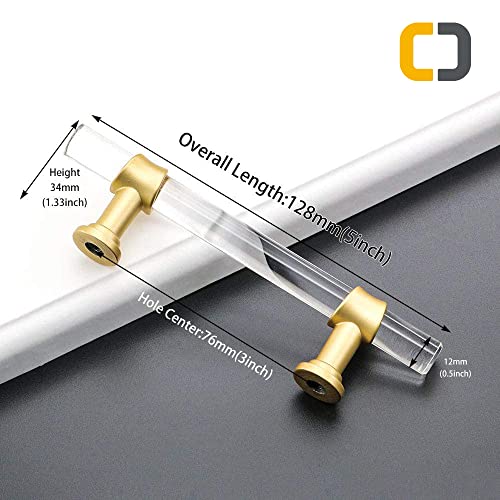 Goldenwarm 5 Pack 3 Inch Acrylic Drawer Pulls Gold Cabinet Handles Acrylic Cabinet Pulls Clear Glass Hardware for Dresser Drawer - color: Matte Gold, size: 3"/76MM Hole Center