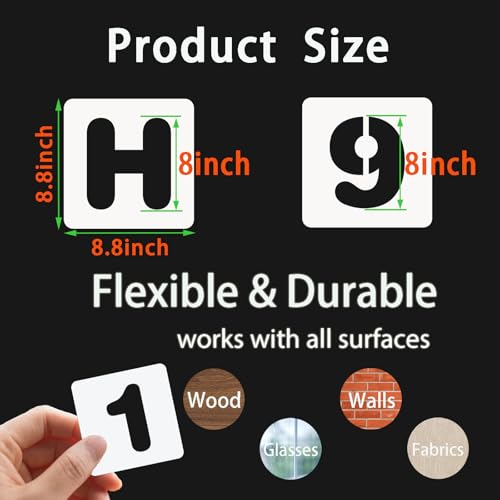 BAMIDELE 8 Inch Letter and Number Stencils, 36 Pcs Reusable Plastic Alphabet Spray Paint Stencils for Painting on Wood, Wall, Fabric, Rock, Chalkboard, Door Porch, Signage, DIY Craft Decoration - size: 8 Inch