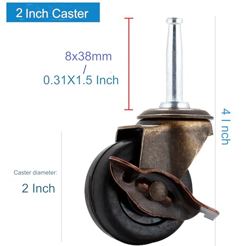 Antique Brass Casters Wheels 5/16" x 1-1/2" (8 x 38mm) Rubber Stem Casters Vintage Furniture Roller Casters (2.0 Inch Antique Caster with Brake) - style: 2.0 Inch Antique Caster with Brake