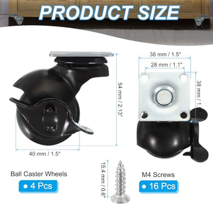 PATIKIL 1.5 Inch Ball Caster Wheels with Brake, 4 Pack 360° Rotating Swivel Top Plate Wheels 298 lbs Total Capacity Locking Caster with M4 Screws for Furniture Table Cabinet Black - color: Black, size: 1.5 Inch