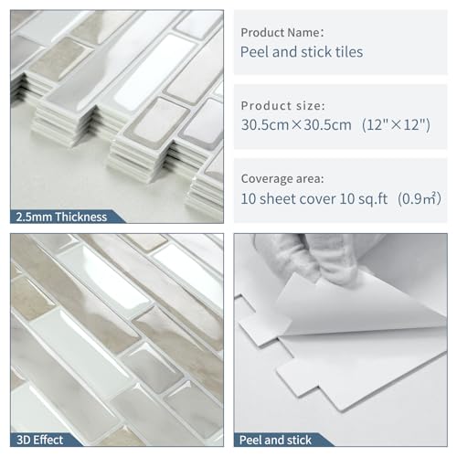 Peel and Stick Backsplash 3D Self Adhesive Wall Tile Beige 10 Sheet - color: Beige