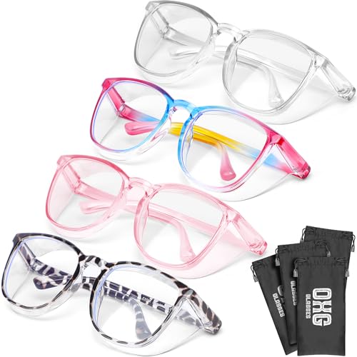 OXG 4 Pack Safety Glasses Anti Fog Goggles, Blue Light Blocking Stylish Safety Glasses for Women Nurses Protective Eyewear - color: Leopard+rainbow+clear+pink