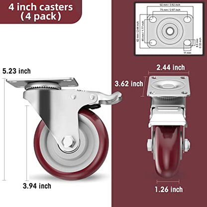 4" Heavy Duty Plate Casters with Brake, Set of 4 - color: Red, size: 4 inch