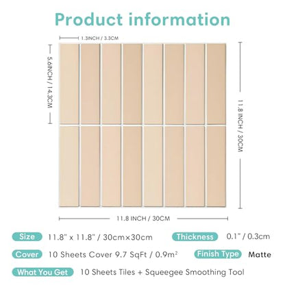 Commomy Peel and Stick Tile - 10 Pcs of 11.8'' x 11.8'' Vertical 3D Beige Peel and Stick Backsplash for Kitchen and Bathroom Interior Wall Tile(Matte Surface, Covers 10 sq.ft) - color: Modren Art