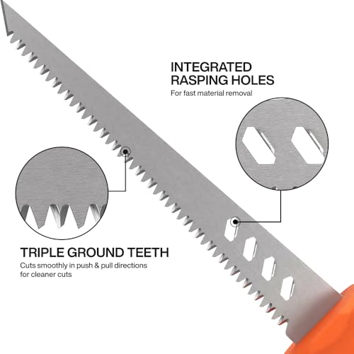 Klein Tools 31711 Fixed Blade Rasping Jab Saw with Sheath, Triple Ground Teeth Cuts Drywall, Plywood, Plastic and Wallboard, Hardened Steel Blade - style: Fixed Jab Saw