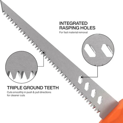 Klein Tools 31711 Fixed Blade Rasping Jab Saw with Sheath, Triple Ground Teeth Cuts Drywall, Plywood, Plastic and Wallboard, Hardened Steel Blade - style: Fixed Jab Saw