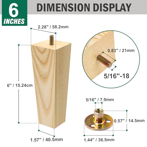 FoDau770 Square Furniture Legs 6 Inch, Ash Wood Legs with 5/16"-18 Bolts - size: 6 Inch