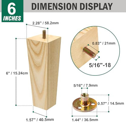 FoDau770 Square Furniture Legs 6 Inch, Ash Wood Legs with 5/16"-18 Bolts - size: 6 Inch